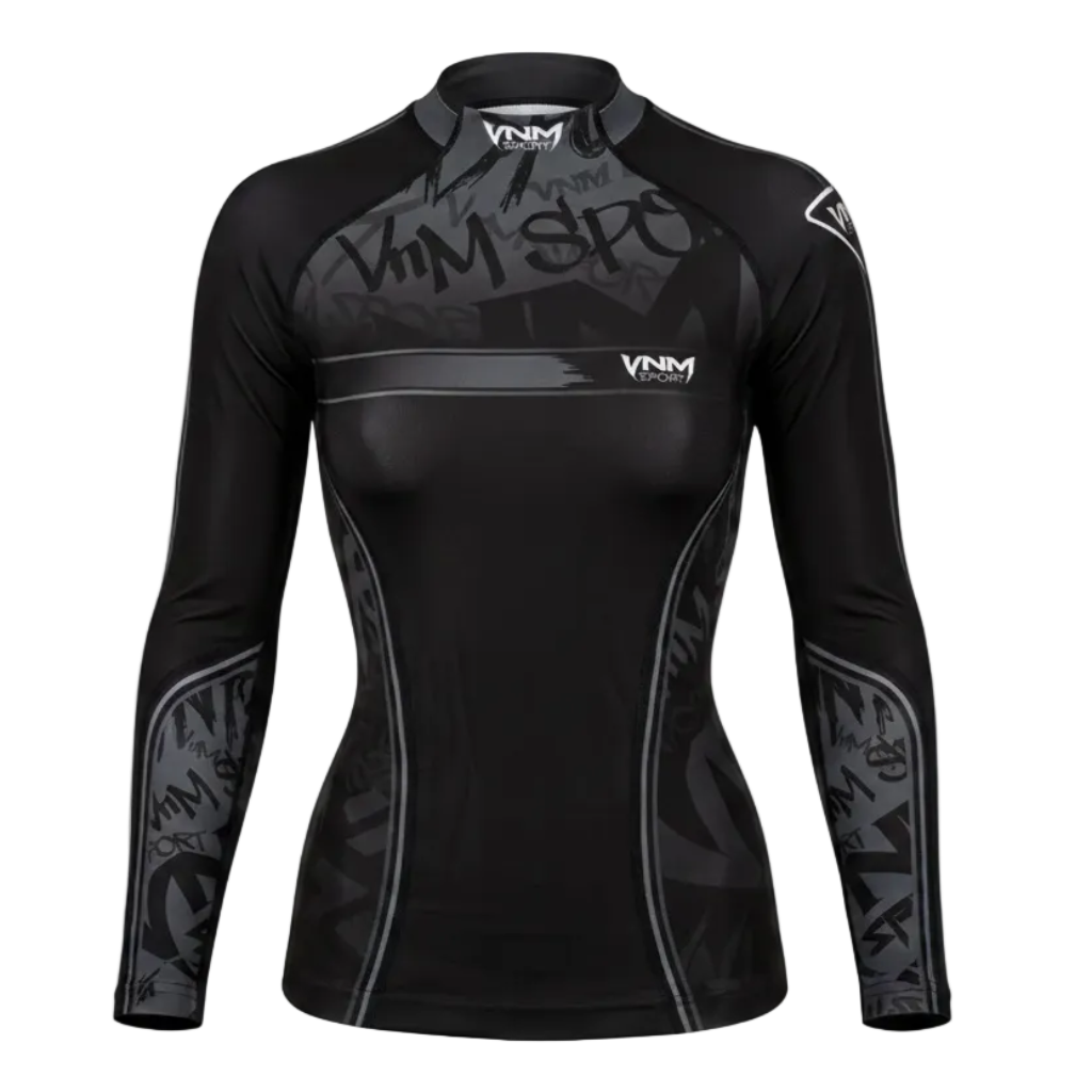A black long-sleeve athletic rash guard with gray graphic patterns and white VNM branding, shown on a black background.