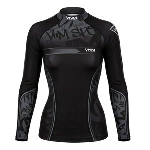 A black long-sleeve athletic rash guard with gray graphic patterns and white VNM branding, shown on a black background.