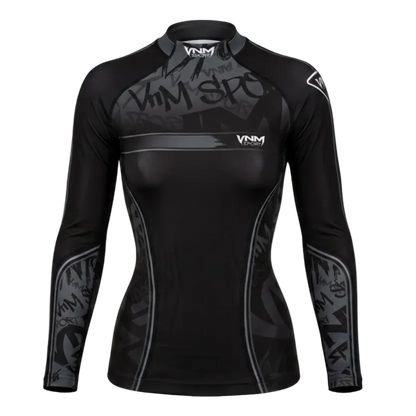 A black long-sleeve athletic rash guard with gray graphic patterns and white VNM branding, shown on a black background.