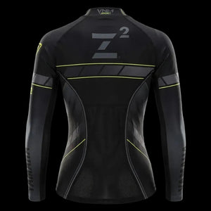 Black long-sleeve athletic compression shirt with gray and neon yellow accents, featuring a large 'Z2' logo on the back, shown against a solid black background.